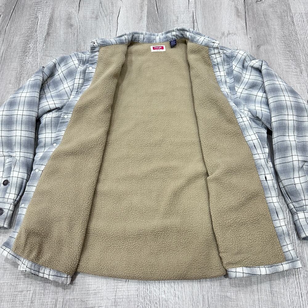 Wrangler Sherpa Lined Flannel Shirt Jacket Men's XL Gray Plaid Workwear Shacket - Picture 5 of 9